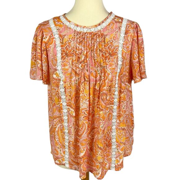 Nanette Lepore Orange Pink Floral Crochet Lace Short Flutter Sleeve Top Medium - Picture 1 of 8